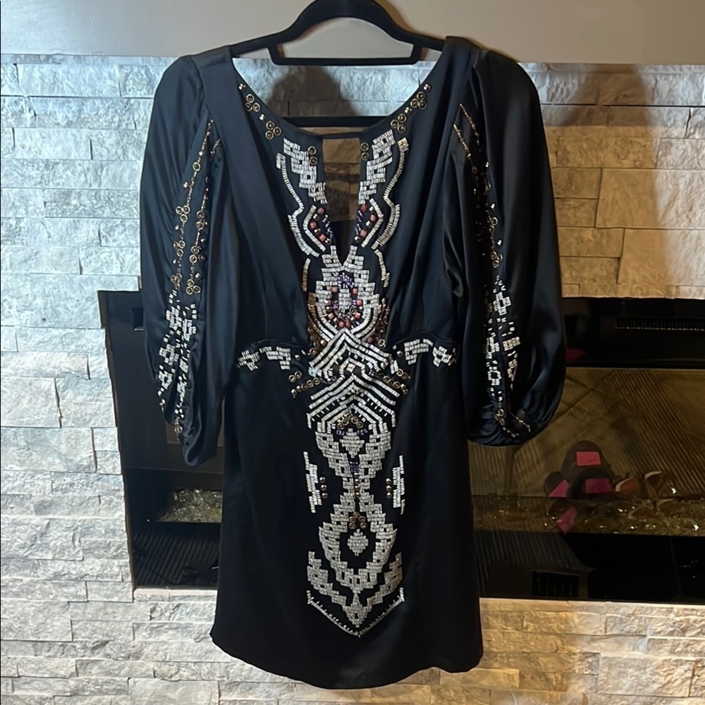 Nanette Lepore Beaded Black Silk party Dress Silver Embellishments sz 8